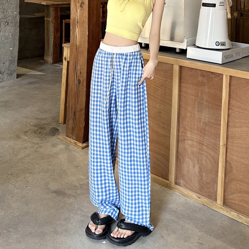 2025 Pink Plaid Wide-Leg Pants for Women