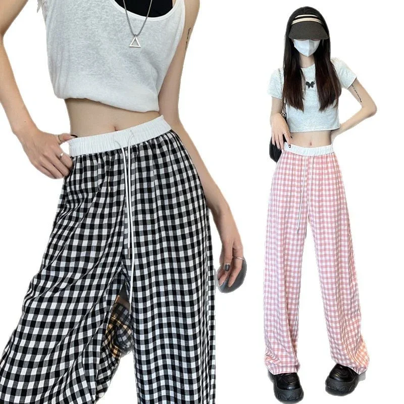 2025 Pink Plaid Wide-Leg Pants for Women
