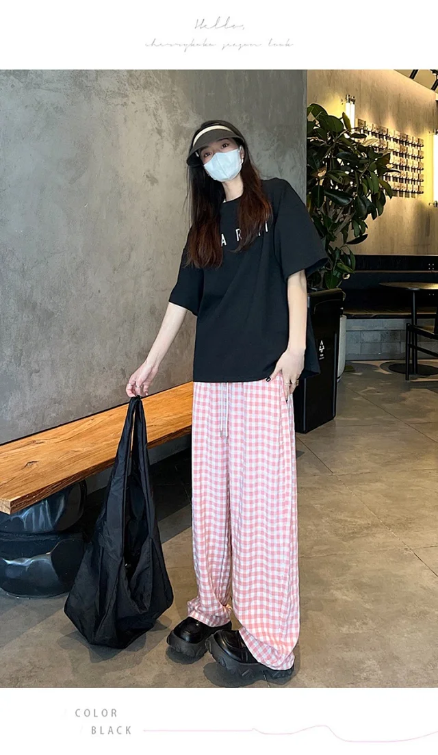 2025 Pink Plaid Wide-Leg Pants for Women Detail
