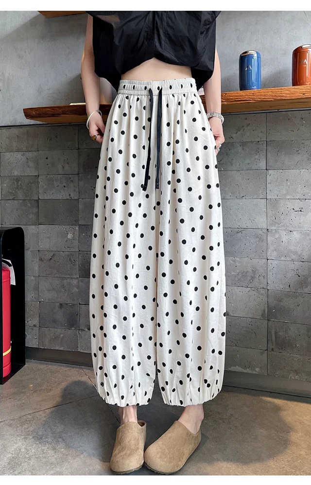 Women's Summer Ice Silk Polka Dot Cotton-Linen Pants Detail