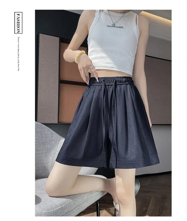 Women's Summer High-waisted Tencel Denim Wide-leg Capris Detail