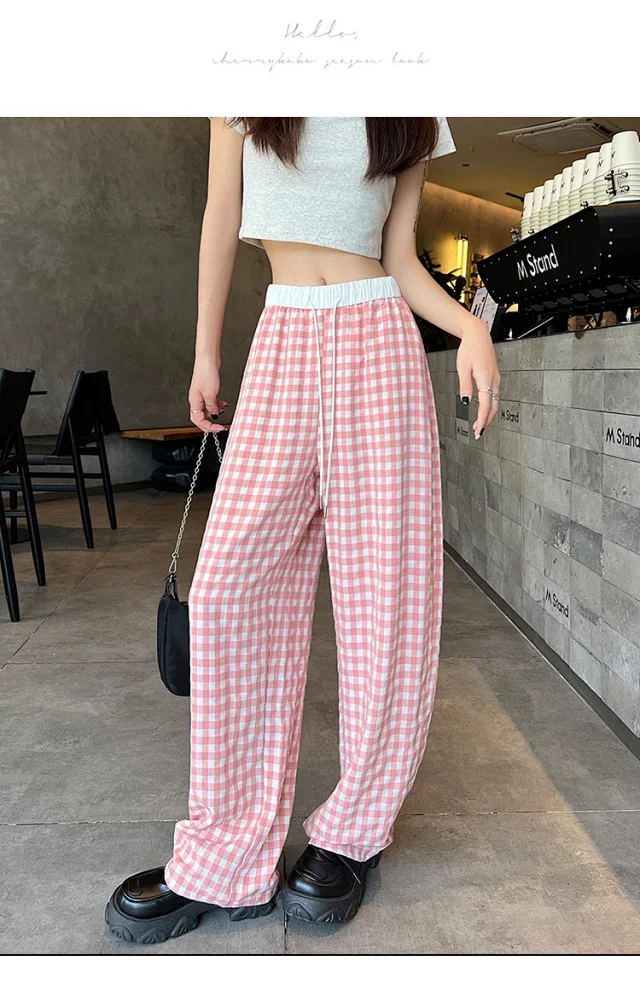 2025 Pink Plaid Wide-Leg Pants for Women Detail