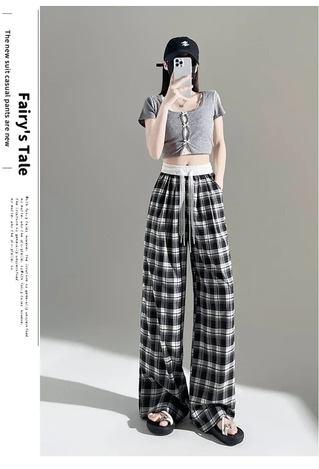 2025 Summer Ice Silk Checkered Pants for Women Detail
