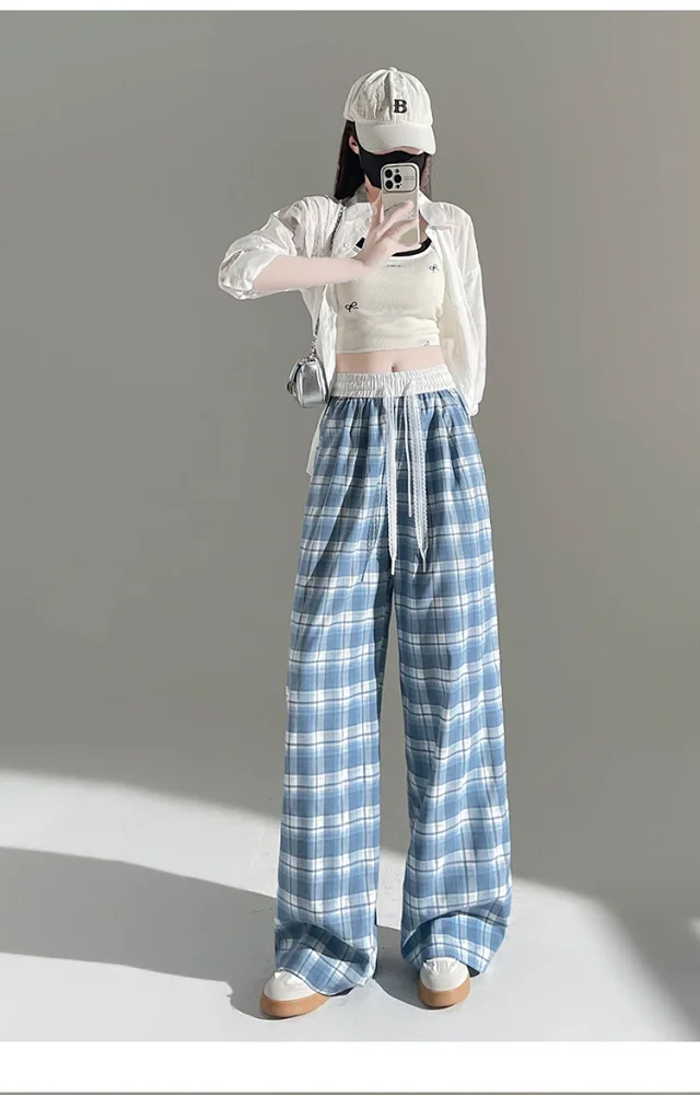 2025 Summer Ice Silk Checkered Pants for Women Detail