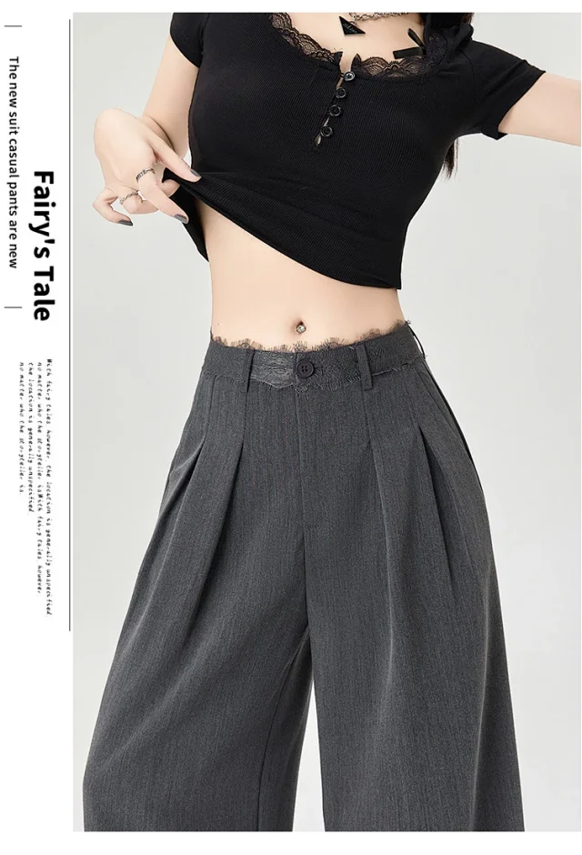 Women's Lace Trim High-Waist Wide-Leg Pants Detail