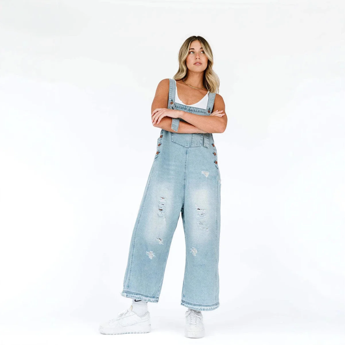 Vintage Distressed Wide-Leg Denim Overalls for Women