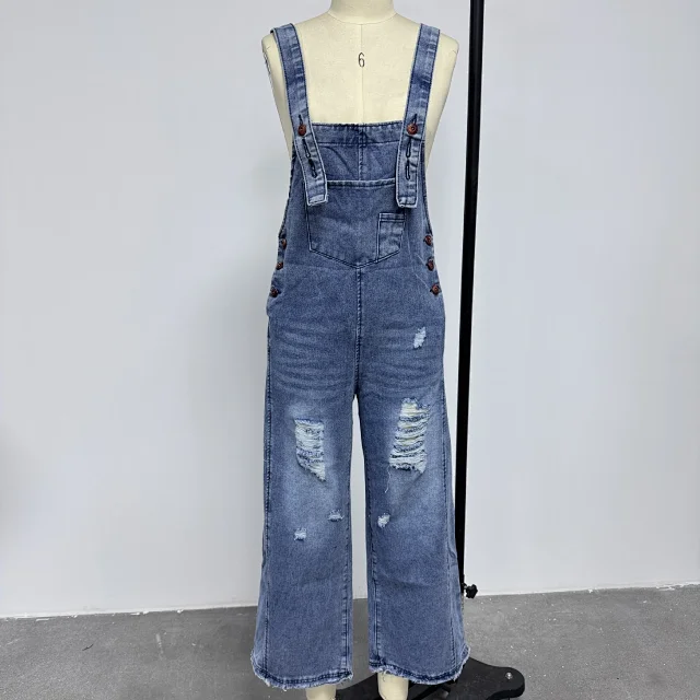 Vintage Distressed Wide-Leg Denim Overalls for Women Detail