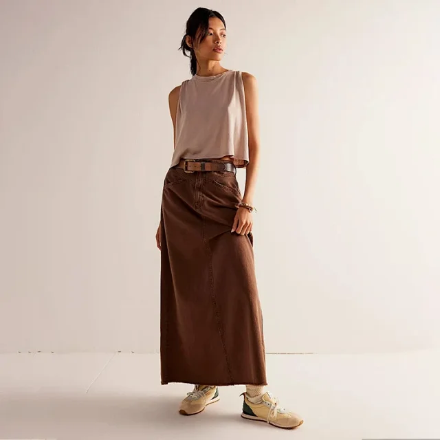 Summer Loose Straight Denim Midi Skirt Detail