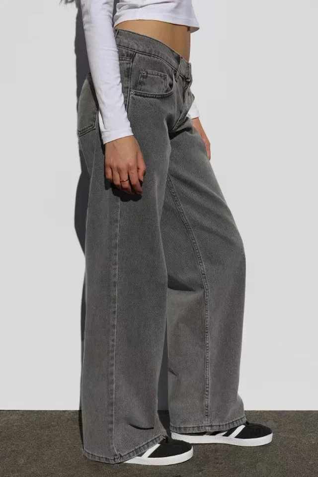 Retro Gray Distressed Wide-Leg High-Waist Jeans Detail