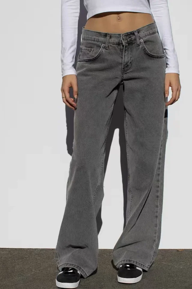 Retro Gray Distressed Wide-Leg High-Waist Jeans Detail