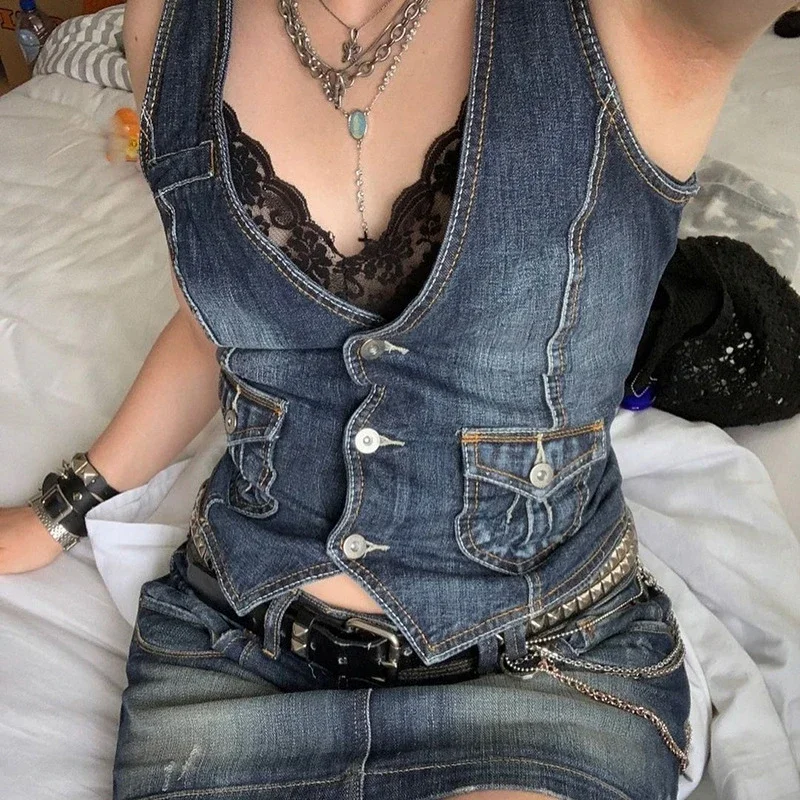 European & American Style Slim-fit Denim Vest for Women
