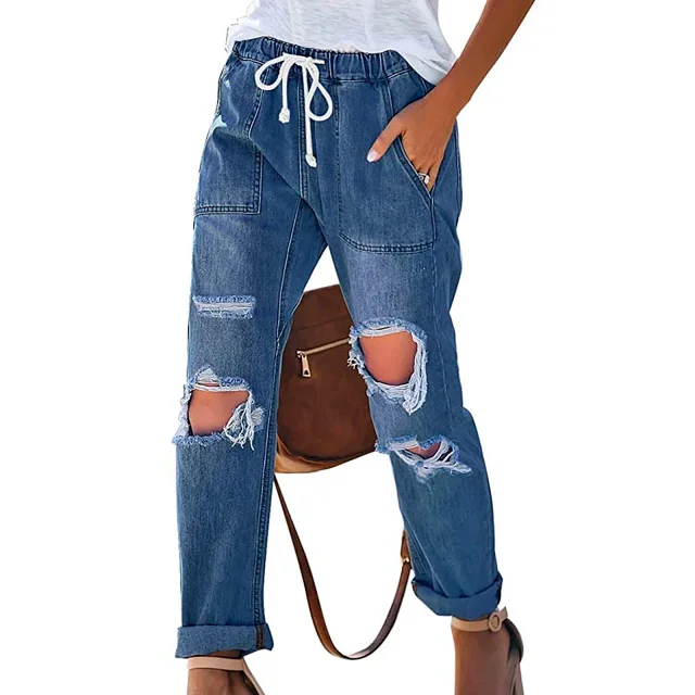 Women's Classic Elastic Drawstring Ripped Jeans Detail