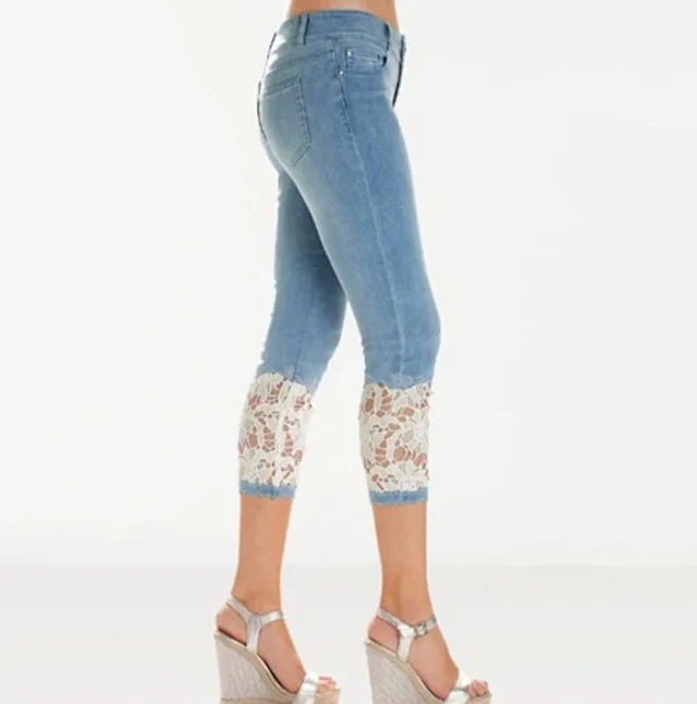European & American Lace Hem Slim Fit Jeans Detail