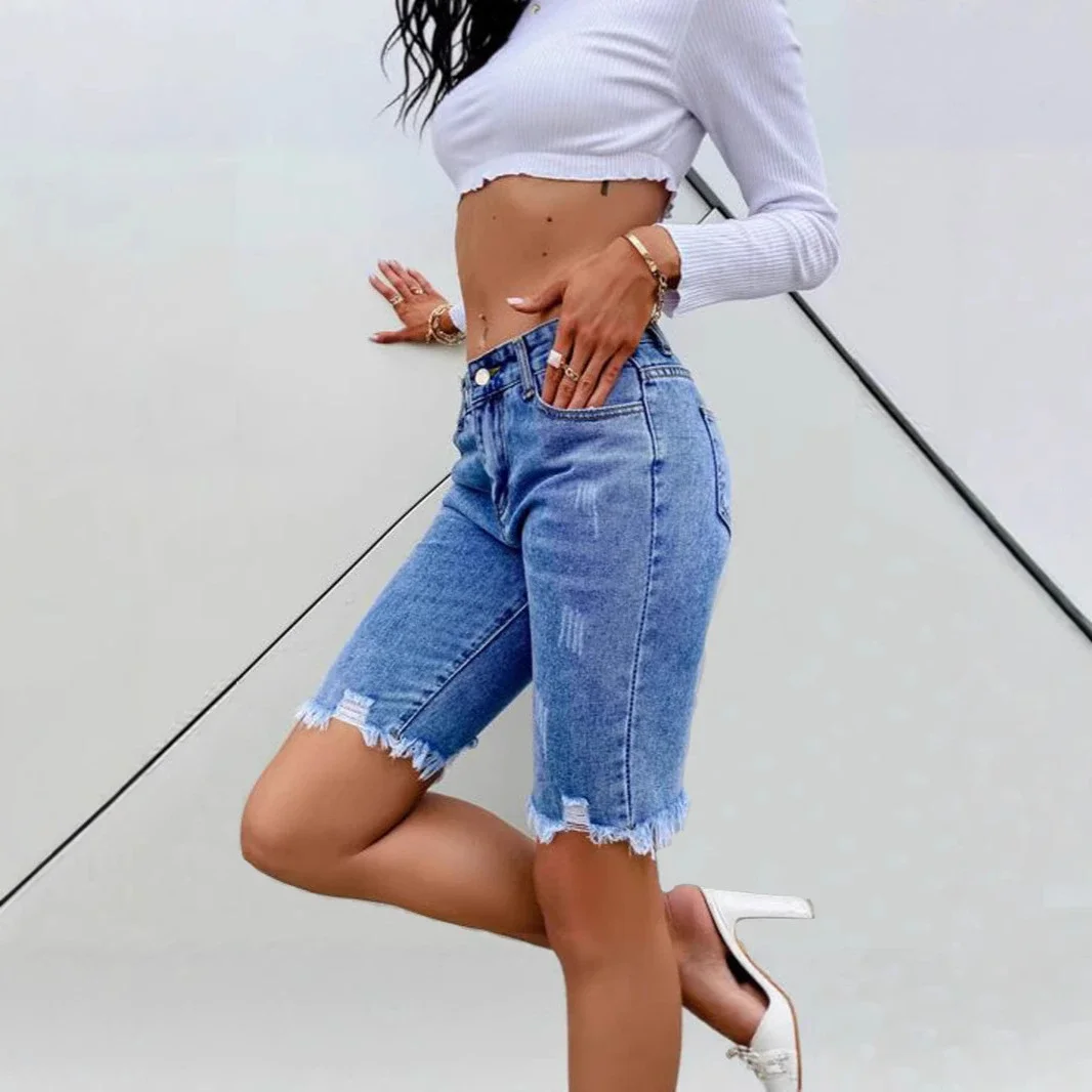 Summer Denim Ripped Capris with Fringe