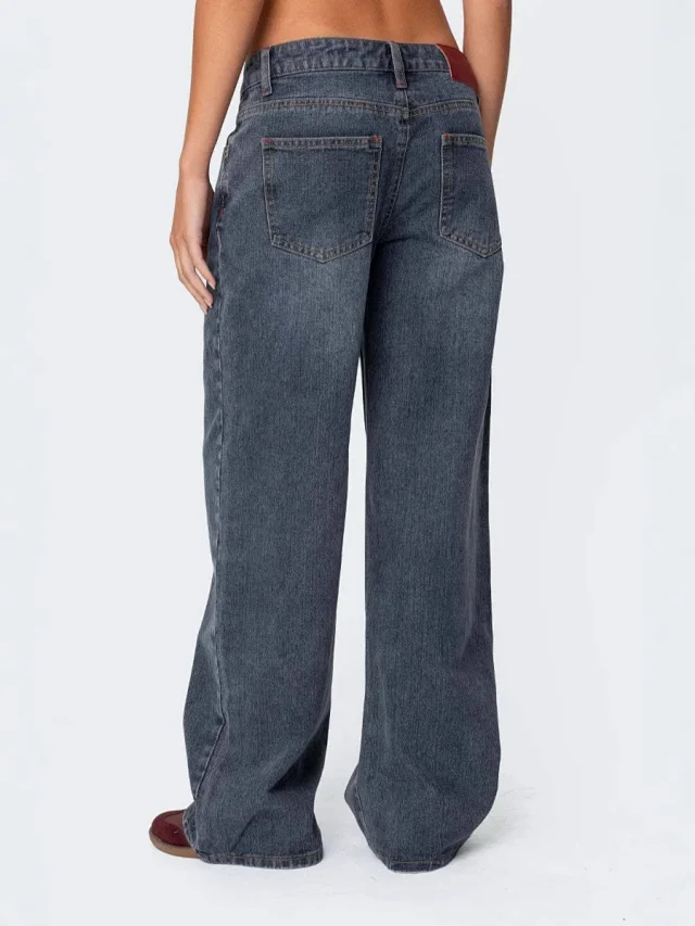 Wide-Leg Low-Waist Retro Denim Pants for Women Detail