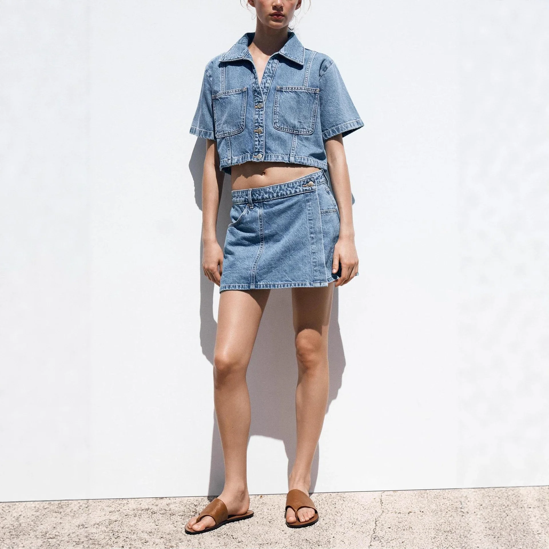 European and American Denim Shirt & Skirt/Pants Set