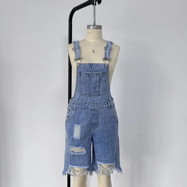 Men's Denim Suspender Shorts with Ripped Design Detail