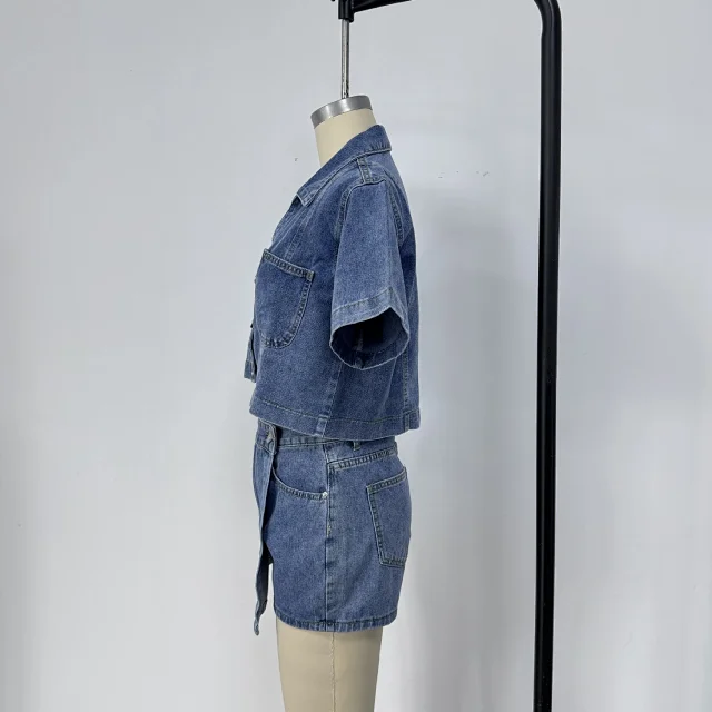 European and American Denim Shirt & Skirt/Pants Set Detail