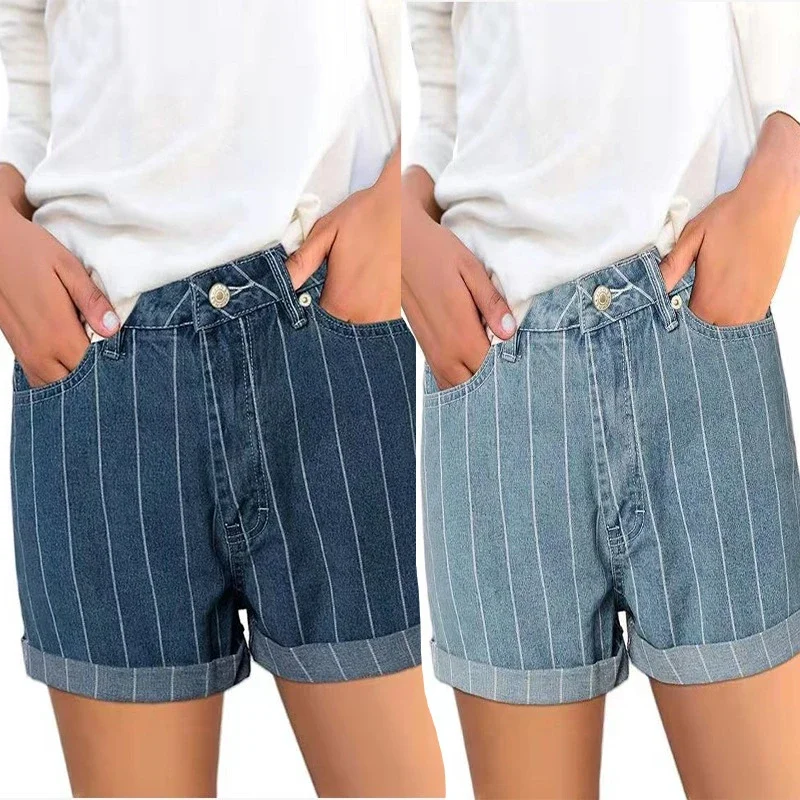 High-waisted Striped Cuffed Denim Shorts for Women