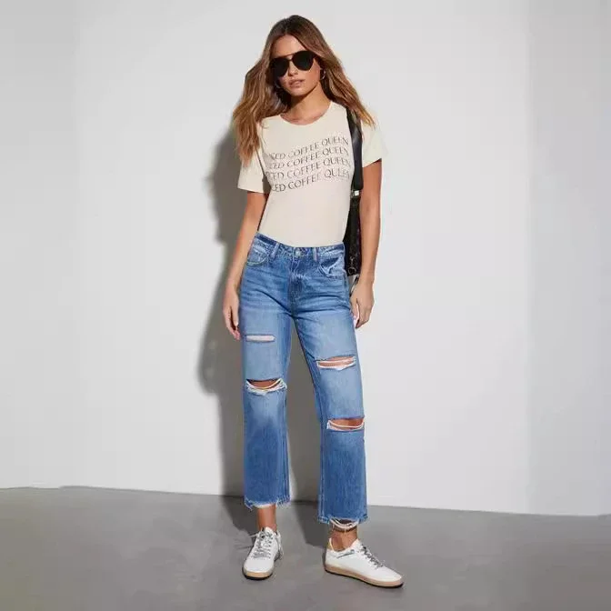 European American Sourced Summer Slim Fit Cotton High - Waist Straight - Leg Cropped Jeans