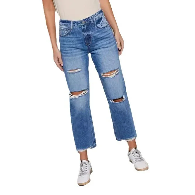 European American Sourced Summer Slim Fit Cotton High - Waist Straight - Leg Cropped Jeans