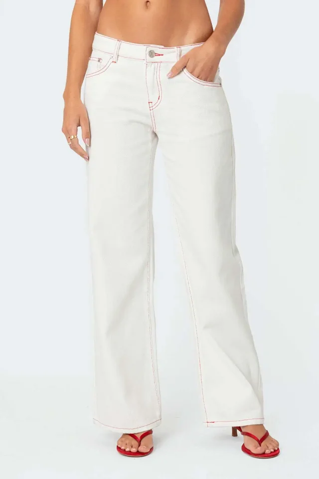 Early Fall White Jeans with Bow & Strawberry Patches Detail