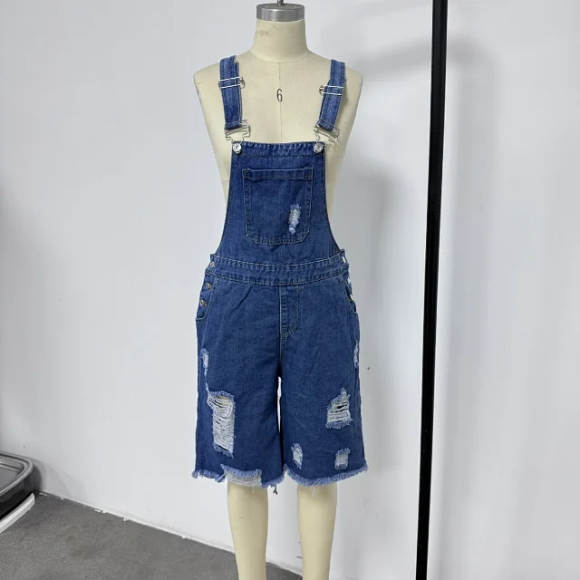 TEMU Big Size Ripped Men's Denim Bib Shorts Detail