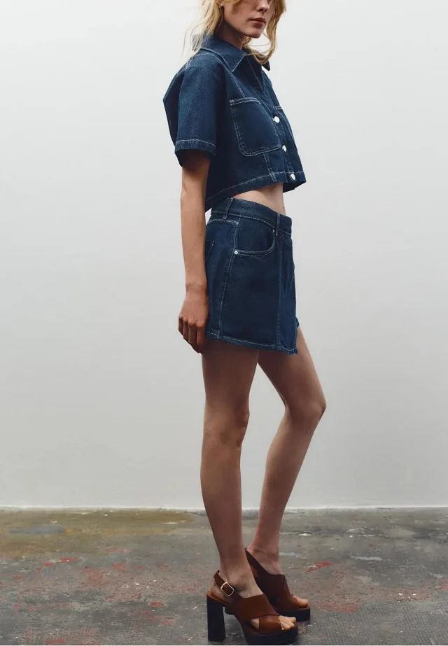 European and American Denim Shirt & Skirt/Pants Set Detail