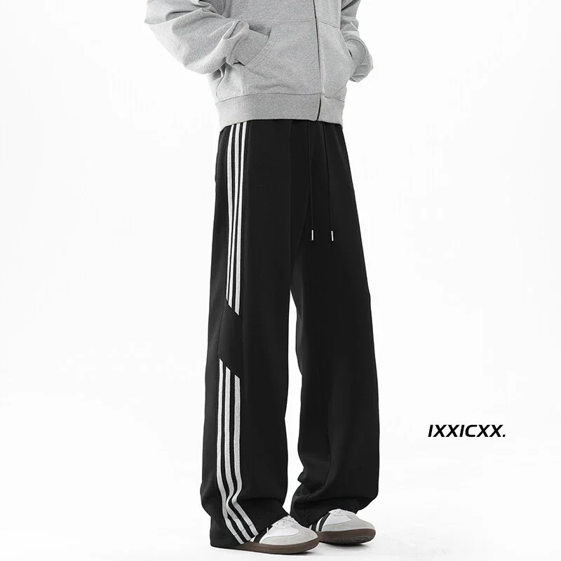 2025 Spring New US High Street Striped Patchwork Sweatpants for Men (Large Size, Wide-Leg, Loose & Casual Sportswear)