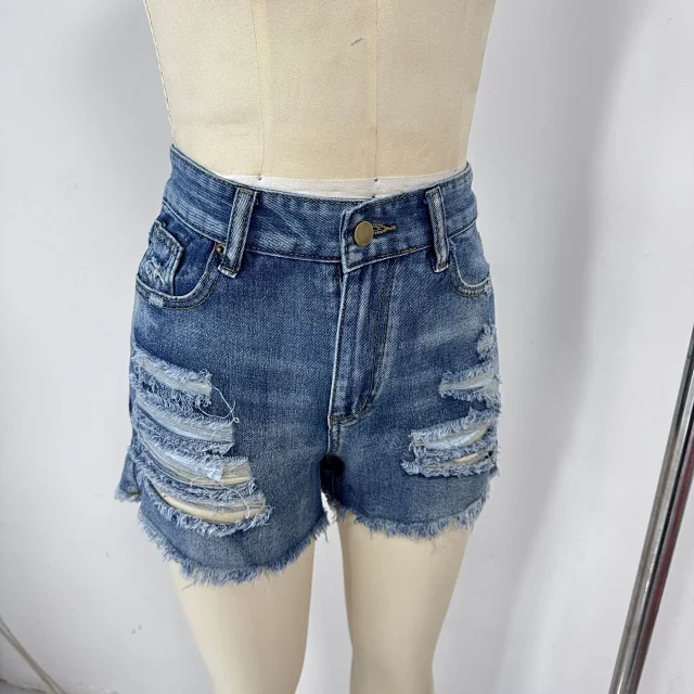 2025 Summer New Tassel Ripped Denim Shorts Detail