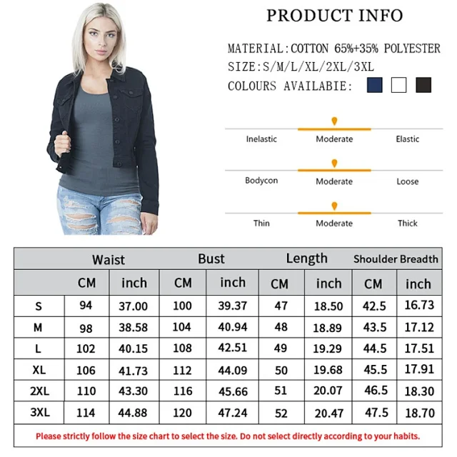 European Sourced Spring Autumn Women's Slim Fit Collarless Solid Single - Breasted Street Style Short Denim Jacket Detail
