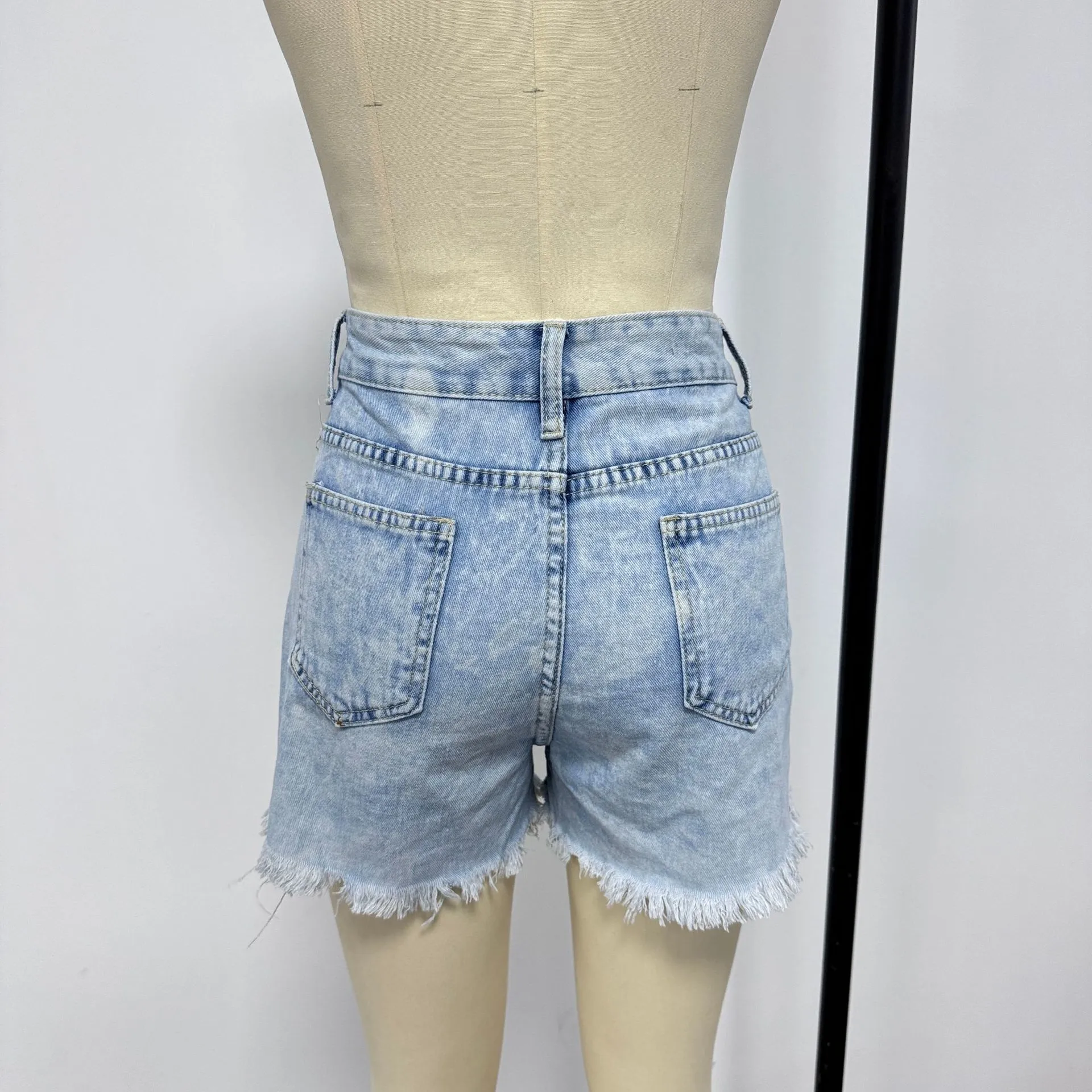 YI3016 High-waist Ripped Fringe Denim Shorts (Shipped)