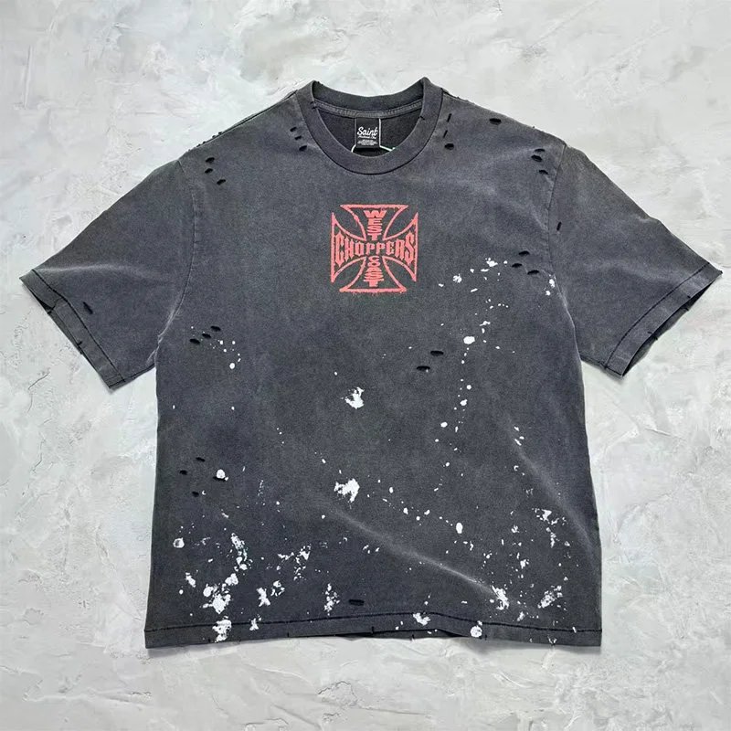 SaintWestCoastChoppers West Coast collaboration washing water to make distressed short sleeved T-shirts trendy