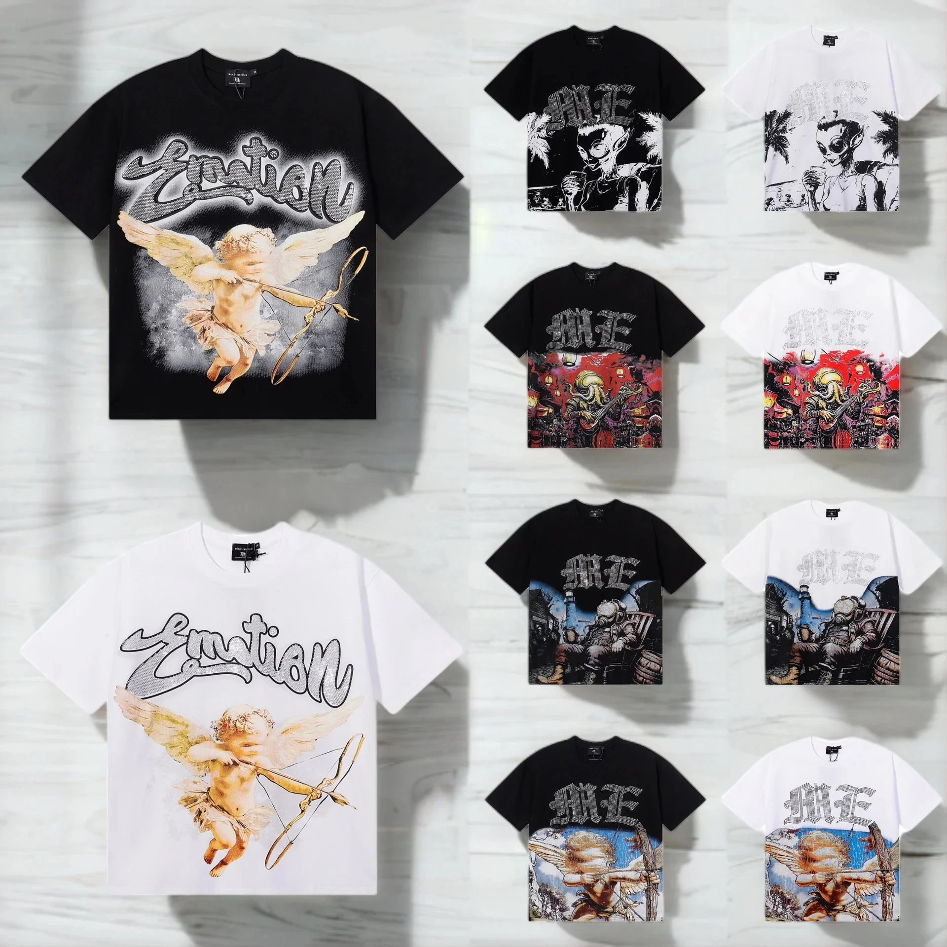 Angel High Street Rhinestone Vintage Loose Short Sleeve All Over Print Unisex T-Shirt