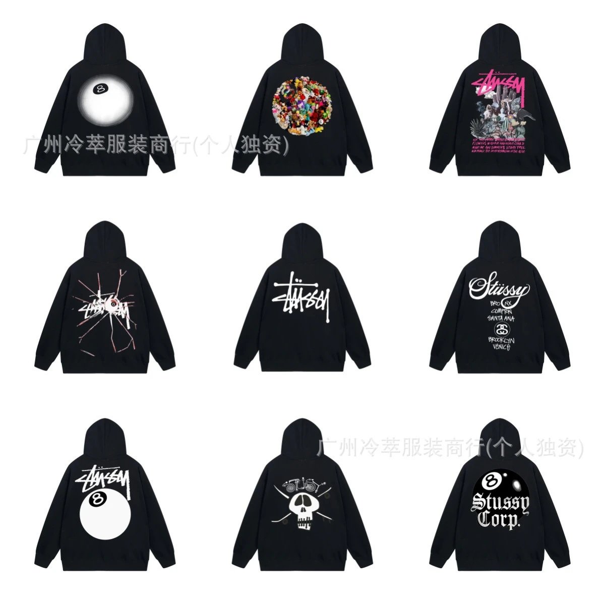 STU cardigan zipper and fleece hooded sweatshirt European and American letter parade black size 8 unisex