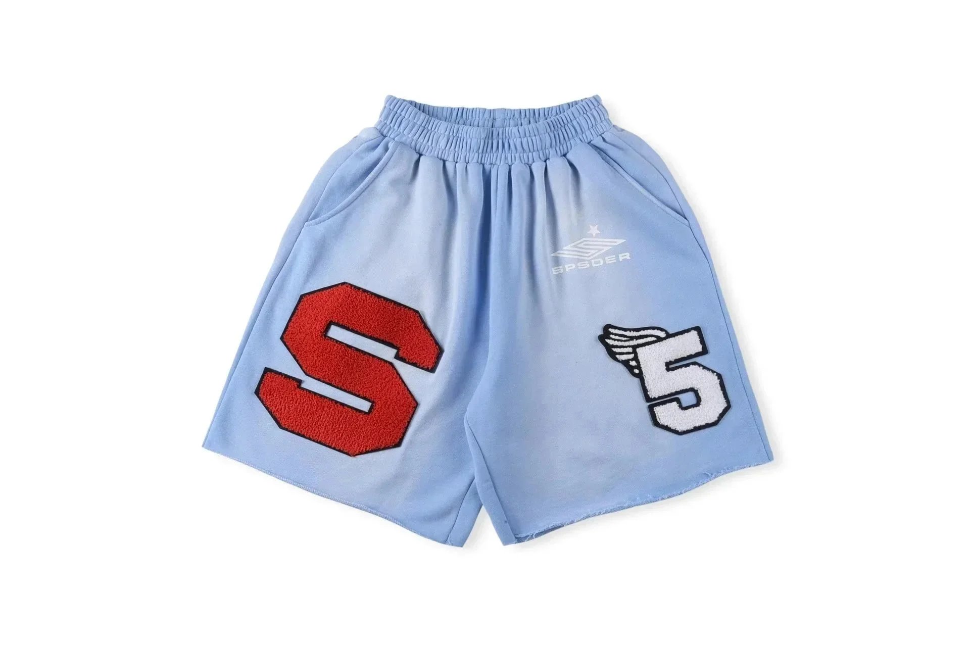 Sp5der Shorts Elastic-Waist Chenille Number Patch — 01