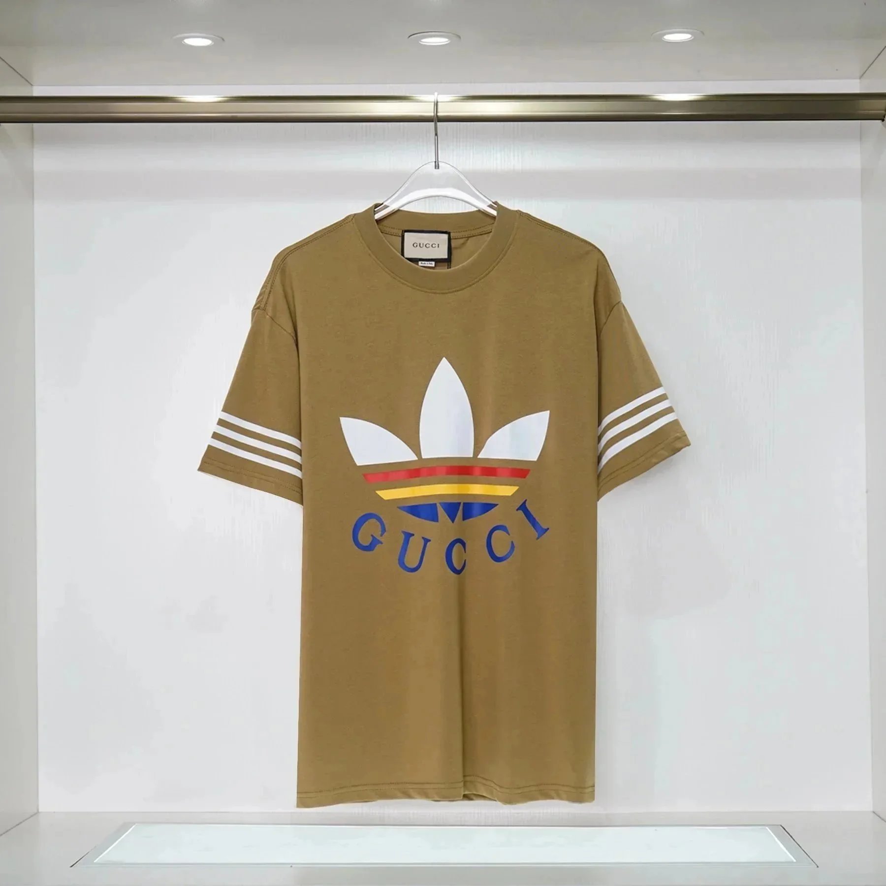 Gucci T-Shirts Logo Print Striped Sleeve — Khaki