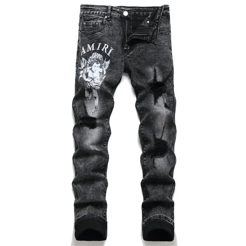 Amiri Angel Print Distressed Slim Fit Jeans