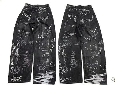 Unknown Brand Graffiti-Print Wide-Leg Jeans