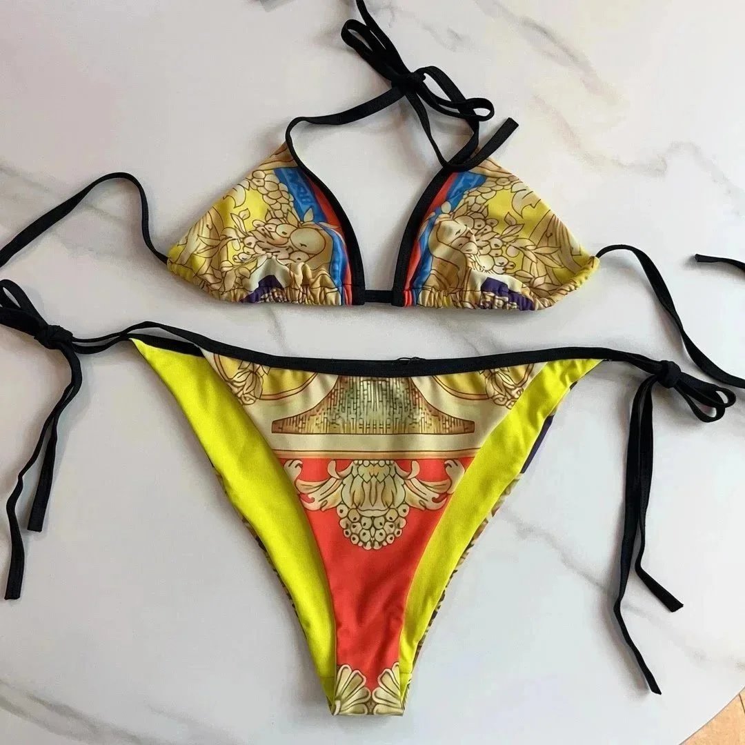 Versace Swimwear Triangle string bikini set with baroque and chain prints image 6