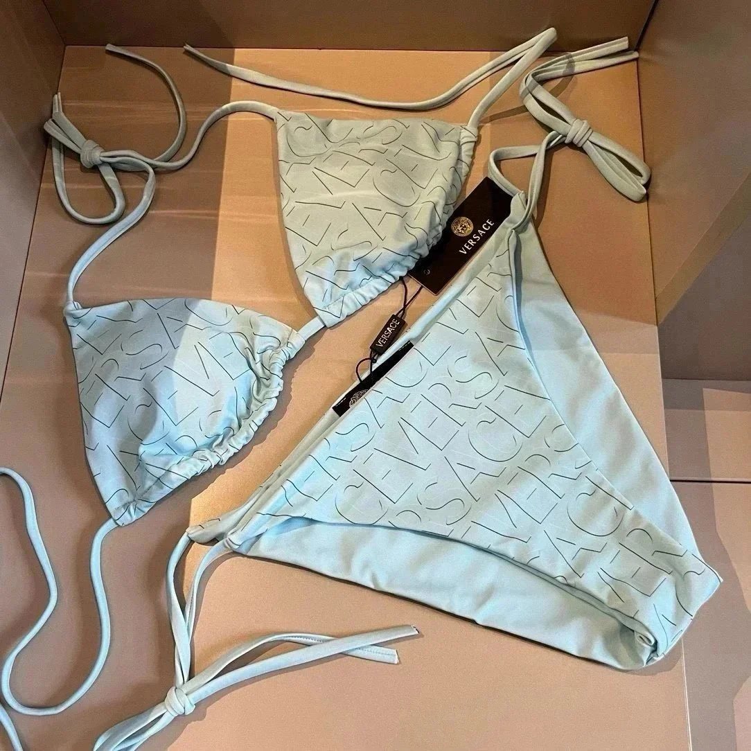 Versace Swimwear Triangle string bikini set with baroque and chain prints image 13