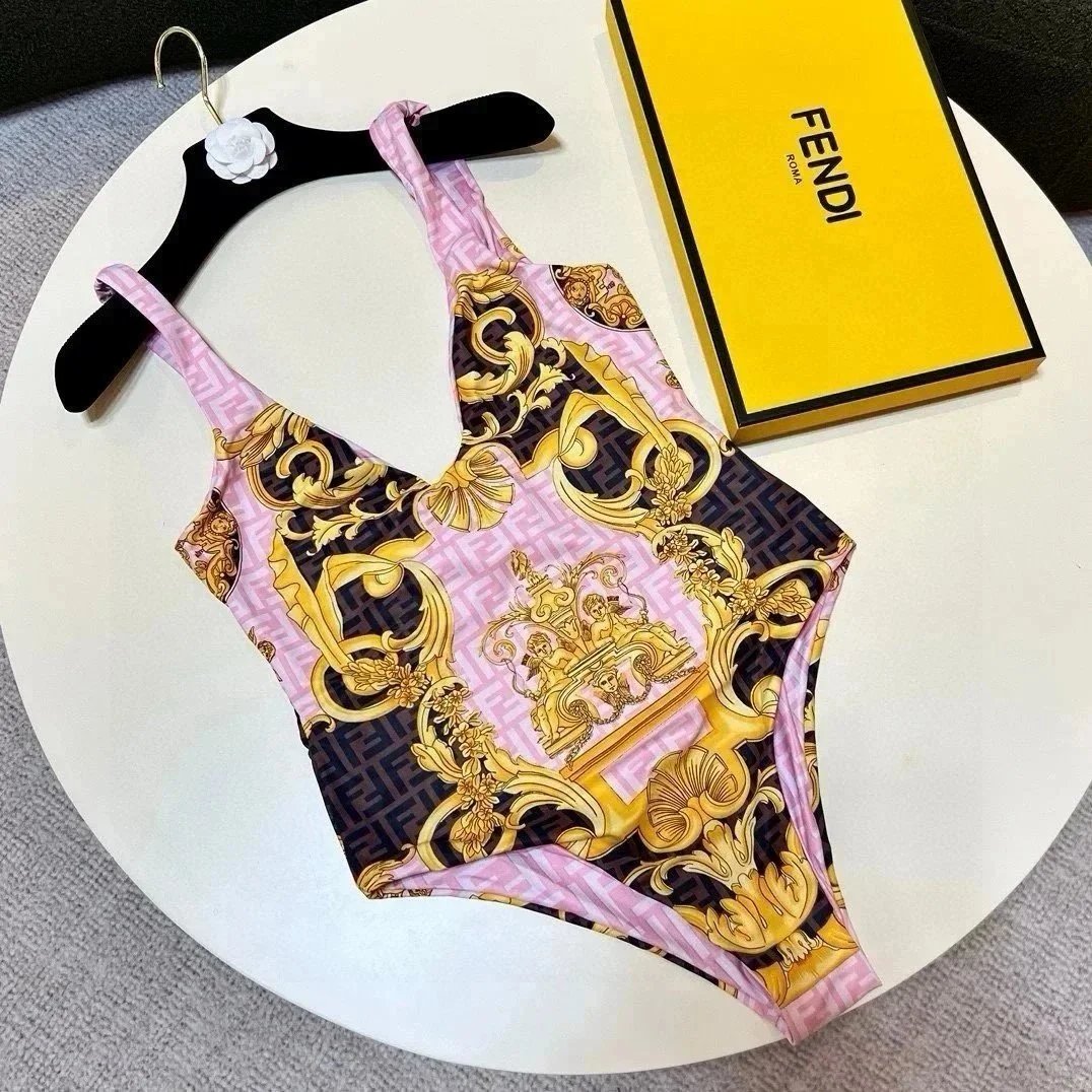 Versace Swimwear Triangle string bikini set with baroque and chain prints — 36