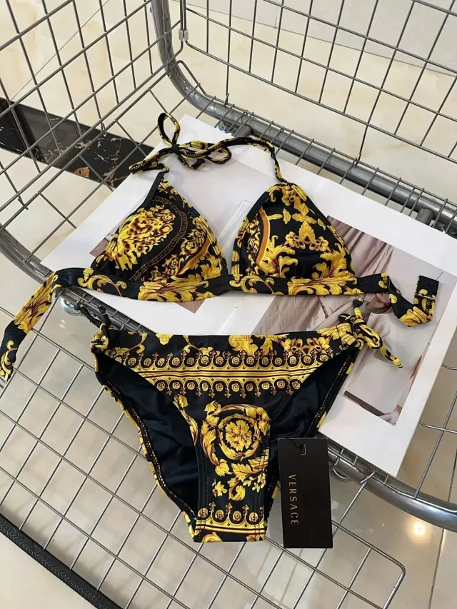 Versace Swimwear Triangle string bikini set with baroque and chain prints product detail image 38