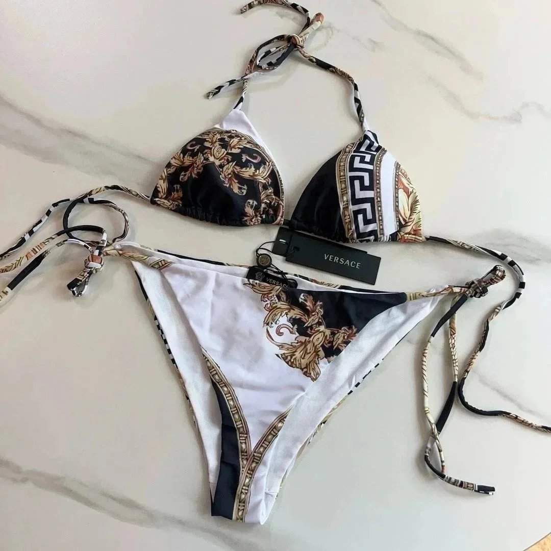 Versace Swimwear Triangle string bikini set with baroque and chain prints image 2