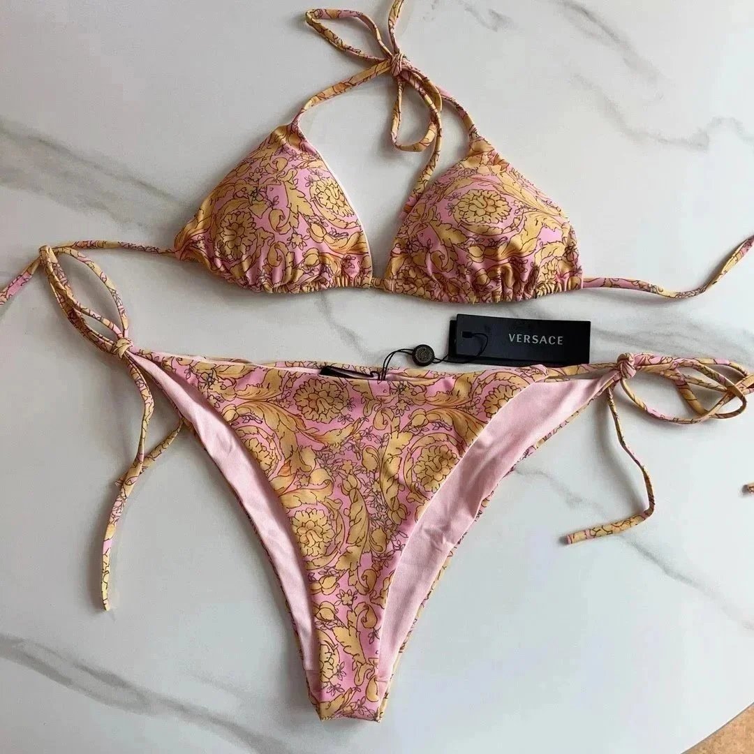 Versace Swimwear Triangle string bikini set with baroque and chain prints image 5