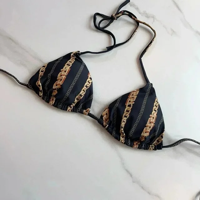 Versace Swimwear Triangle string bikini set with baroque and chain prints product detail image 4