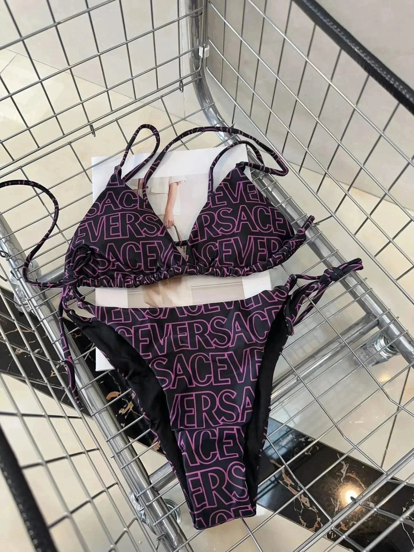 Versace Swimwear Triangle string bikini set with baroque and chain prints — 33