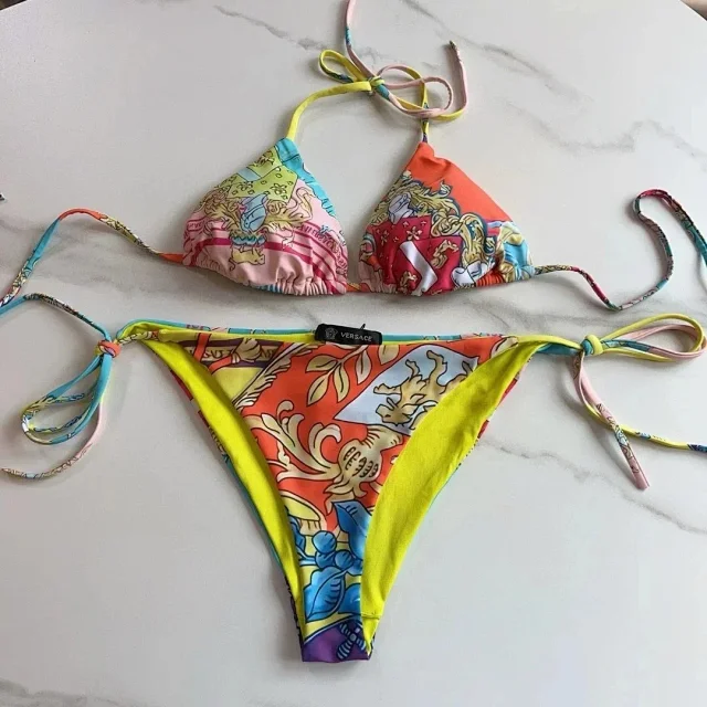 Versace Swimwear Triangle string bikini set with baroque and chain prints product detail image 14