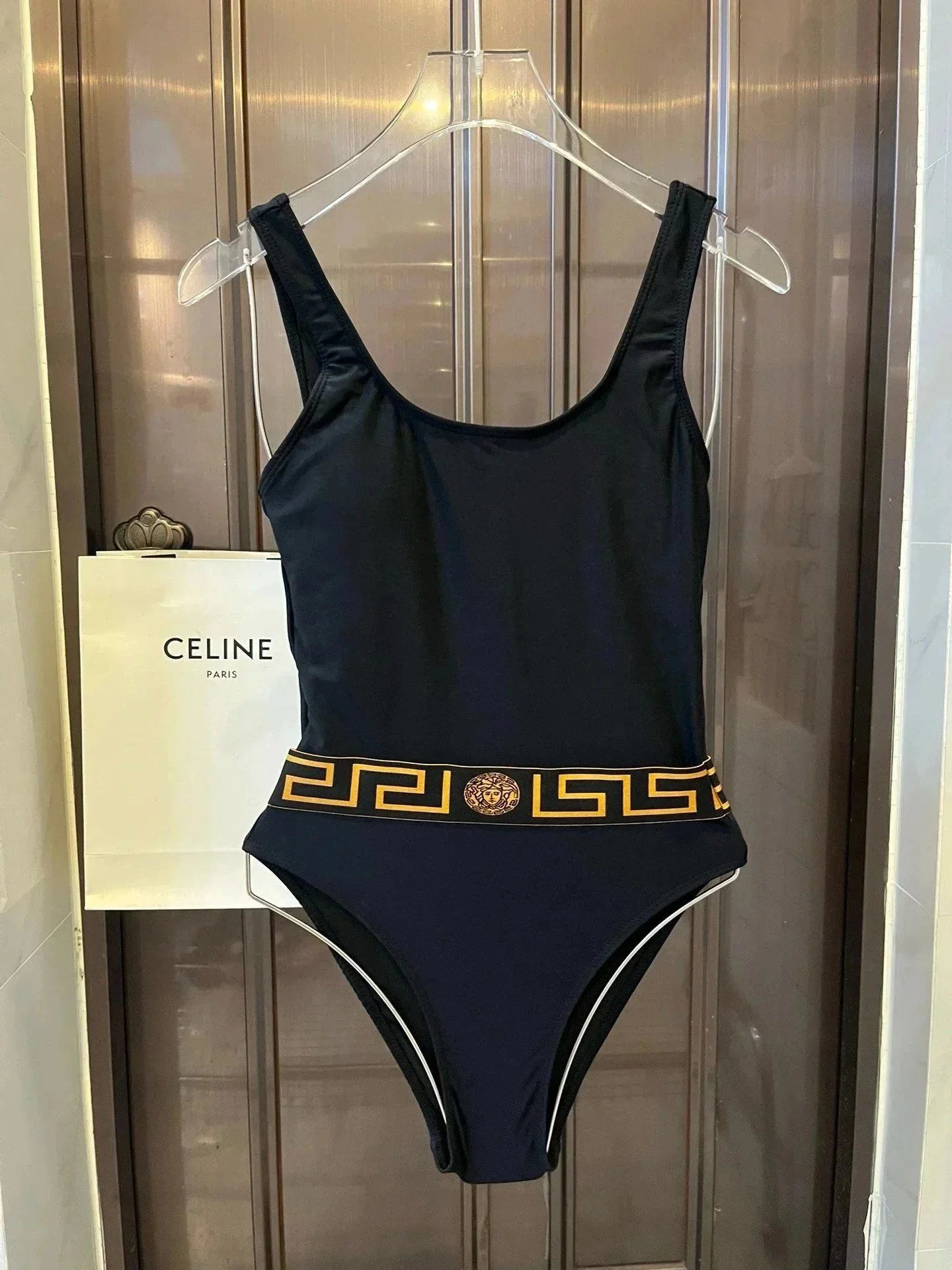 Versace Swimwear Triangle string bikini set with baroque and chain prints — 27