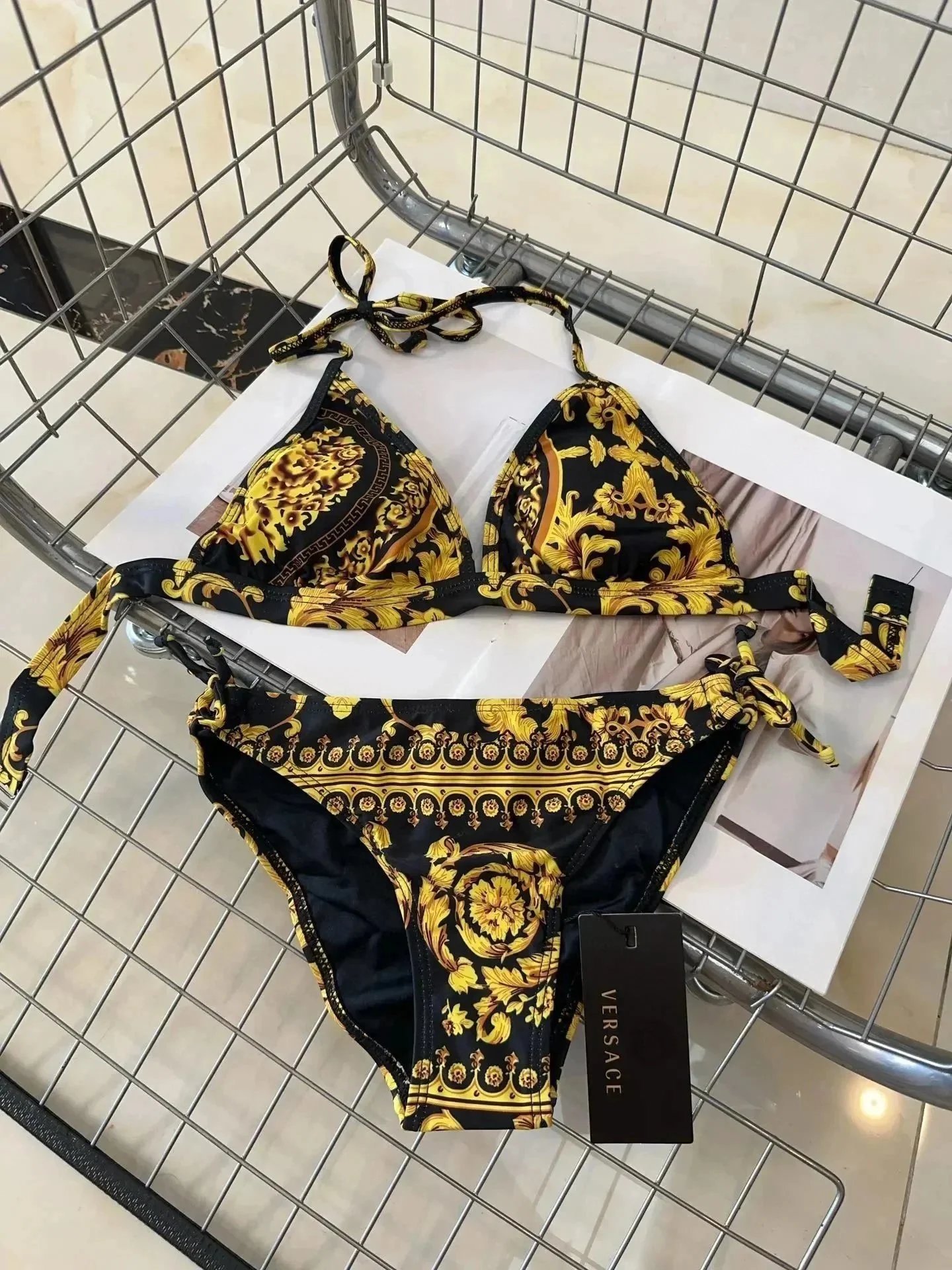 Versace Swimwear Triangle string bikini set with baroque and chain prints — 31
